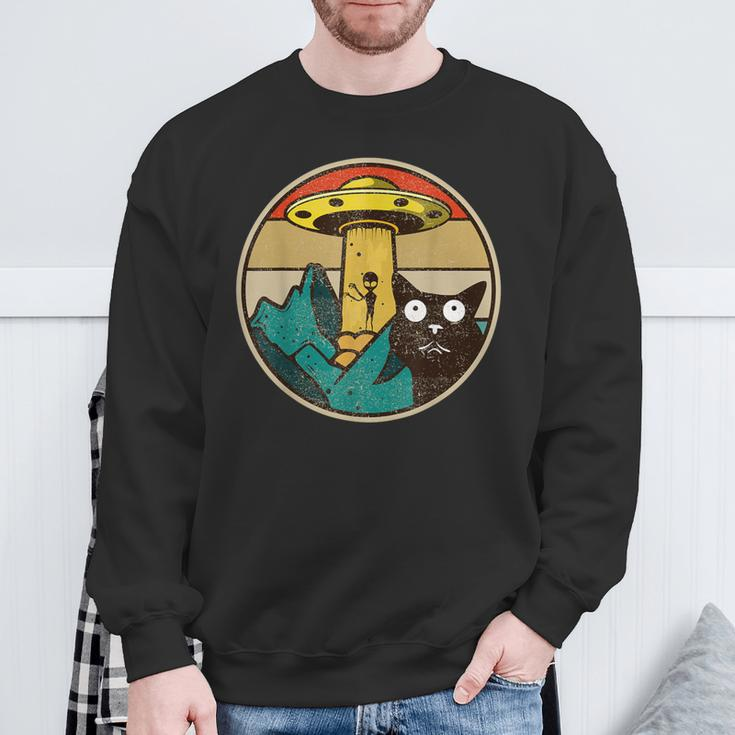 Herren Sweatshirt mit Alien-UFO-Katzen, Vintage-Stil, Lustiges Design Geschenke für alte Männer