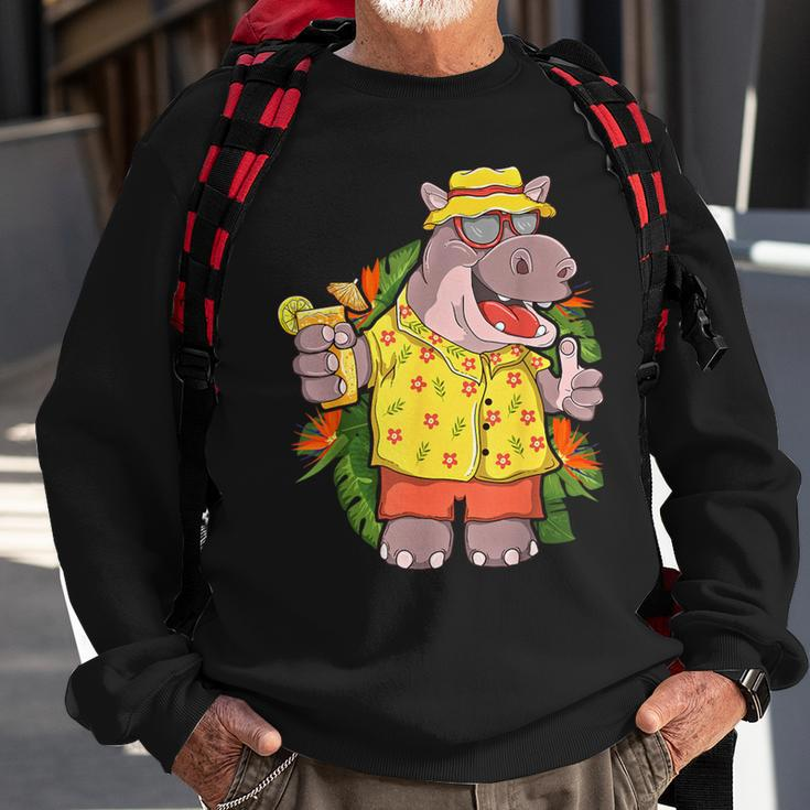 Hippo In Hawaiian Outfit And Shades Vacation Sweatshirt Gifts for Old Men
