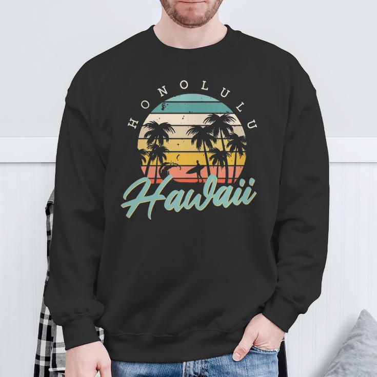 Honolulu Hawaii Surfing Oahu Island Aloha Sunset Palm Trees Sweatshirt Gifts for Old Men
