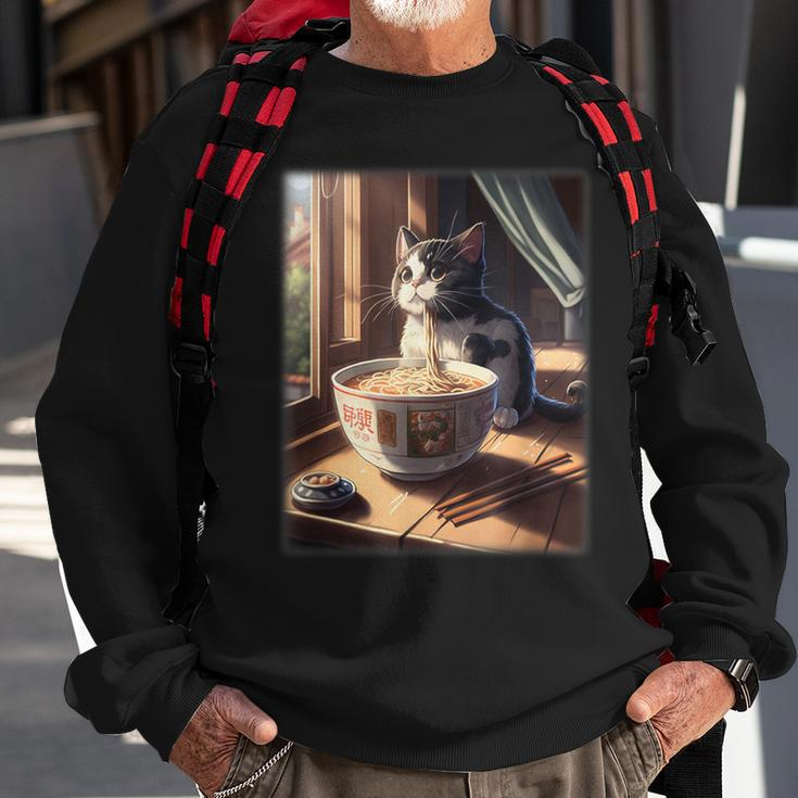 Japanese Anime Kawaii Cat Eating Tonkotsu Ramen Sweatshirt Gifts for Old Men