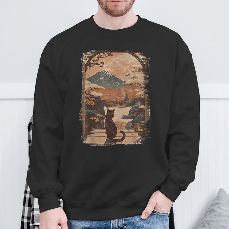 Japanese Cat With Landscape And Mountain Sweatshirt Gifts for Old Men