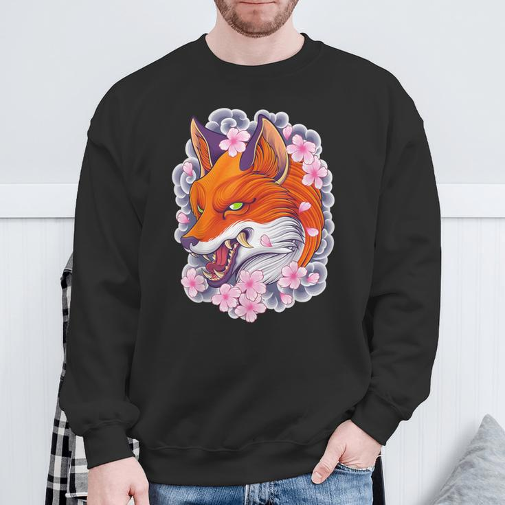 Japanese Fox Aesthetic Fox Sakura Anime Kitsune Sweatshirt Gifts for Old Men