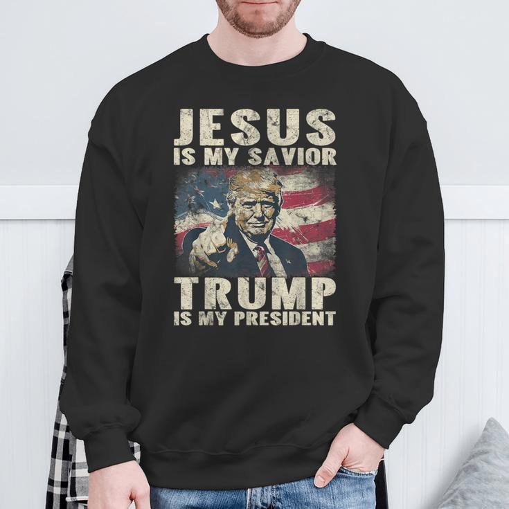Jesus Is My Savior Trump Is My President 2024 American Flag Sweatshirt Gifts for Old Men
