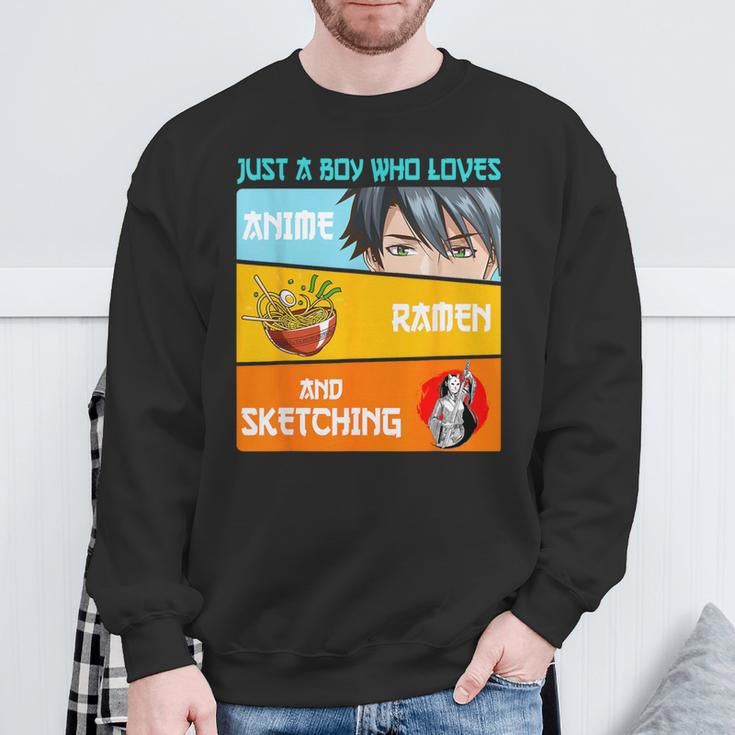 Just A Boy Who Loves Anime Ramen And Sketching Japan Anime Sweatshirt Gifts for Old Men