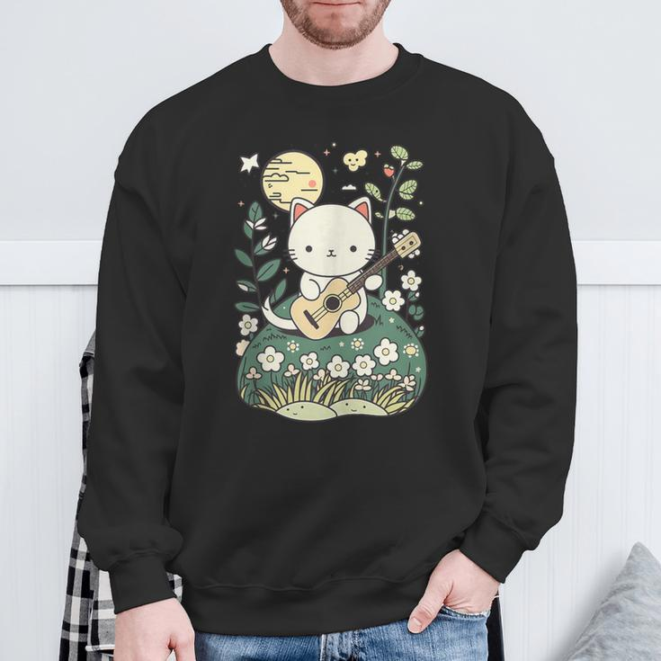 Kawaii Cat Playing Guitar Cute Flowers And Moon Cat Lover Sweatshirt Gifts for Old Men