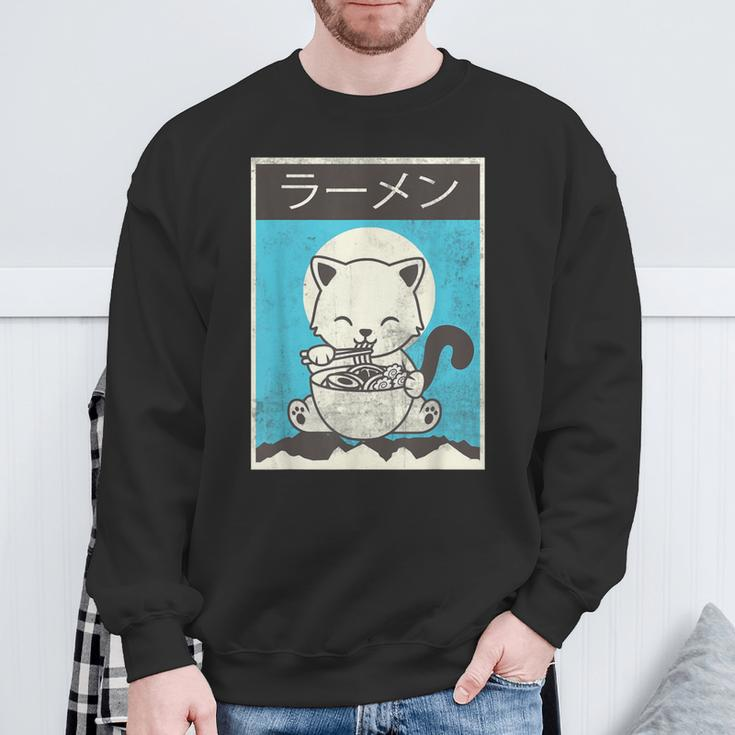 Kawaii Cat Ramen Noodle Cute Cat Vintage Retro Japanese Sweatshirt Gifts for Old Men