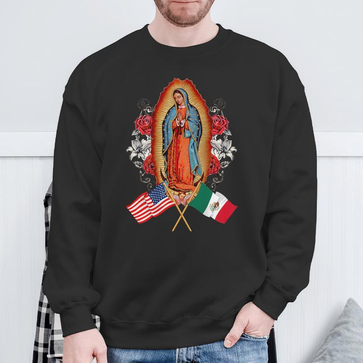 Our Lady Virgen De Guadalupe Mexican American Flag Sweatshirt Gifts for Old Men