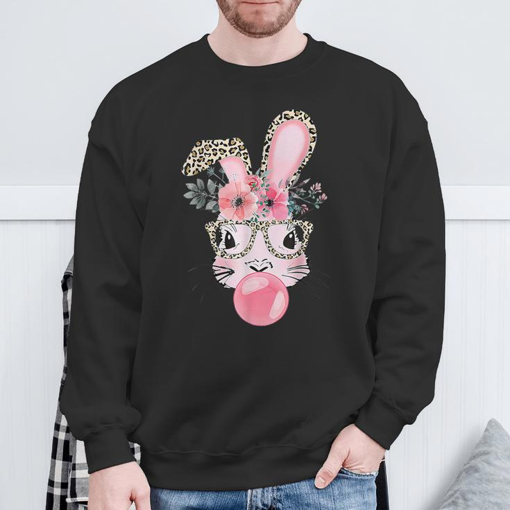 Leopard Print Rabbit Bunny Blowing Bubble Gum Easter Day Sweatshirt Gifts for Old Men