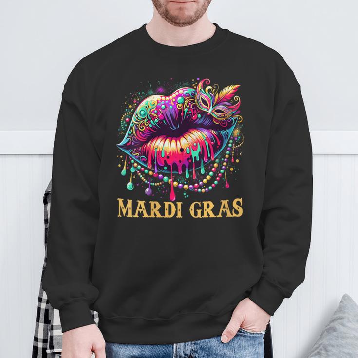 Mardi Gras Lips Queen Beads Mask Carnival Colorful Sweatshirt Gifts for Old Men