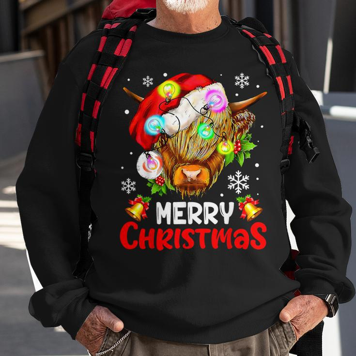 Merry Christmas Highland Cow Western Santa Hat Xmas Pajamas Sweatshirt Gifts for Old Men