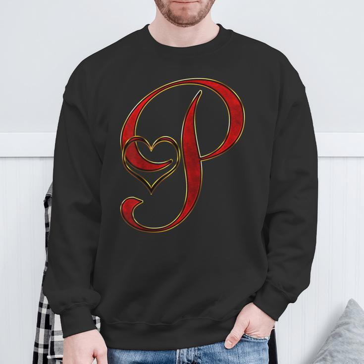 Monogram Initial Letter P Red Heart Sweatshirt Gifts for Old Men