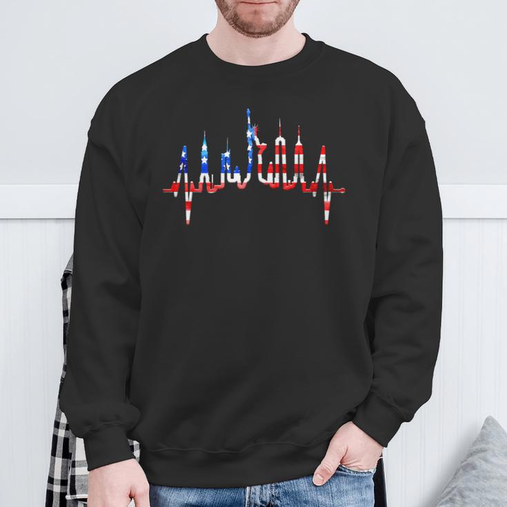 New York Skyline Heartbeat Flag Statue Of Liberty New York Sweatshirt Gifts for Old Men