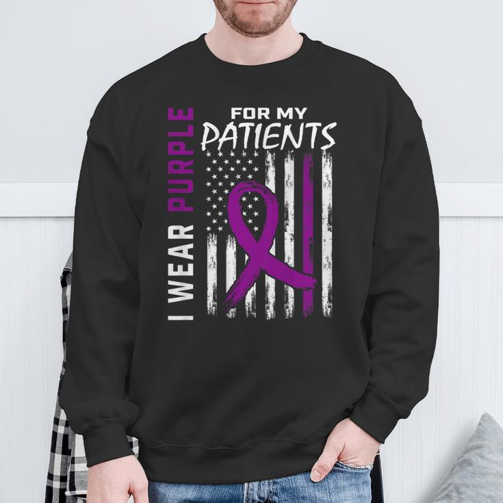 Purple For Patients Alzheimers American Flag Print On Back Sweatshirt Gifts for Old Men