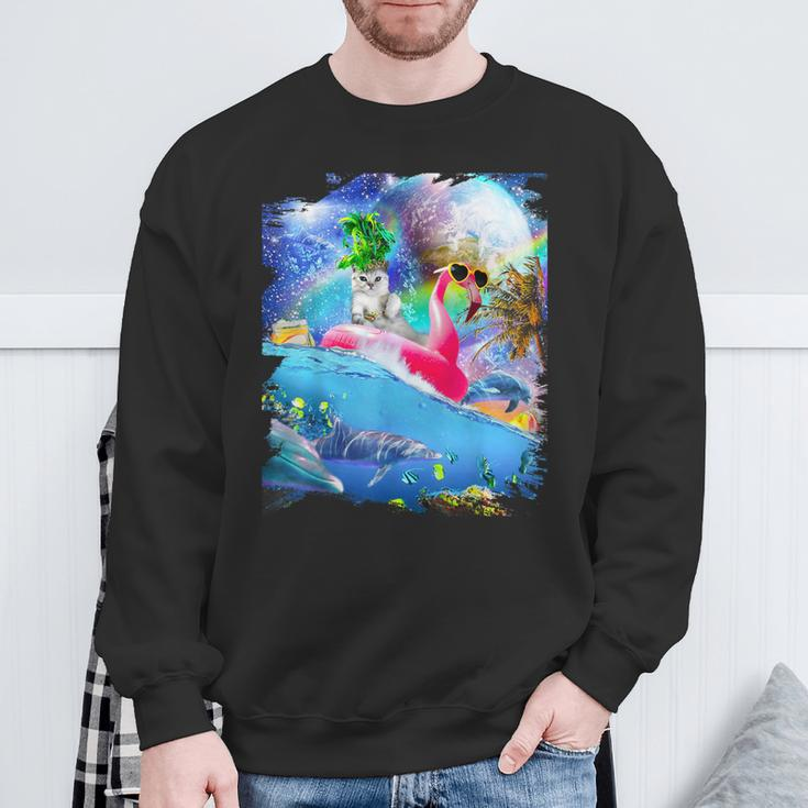 Rainbow Space Galaxy Cat On Flamingo Dolphin Sweatshirt Gifts for Old Men