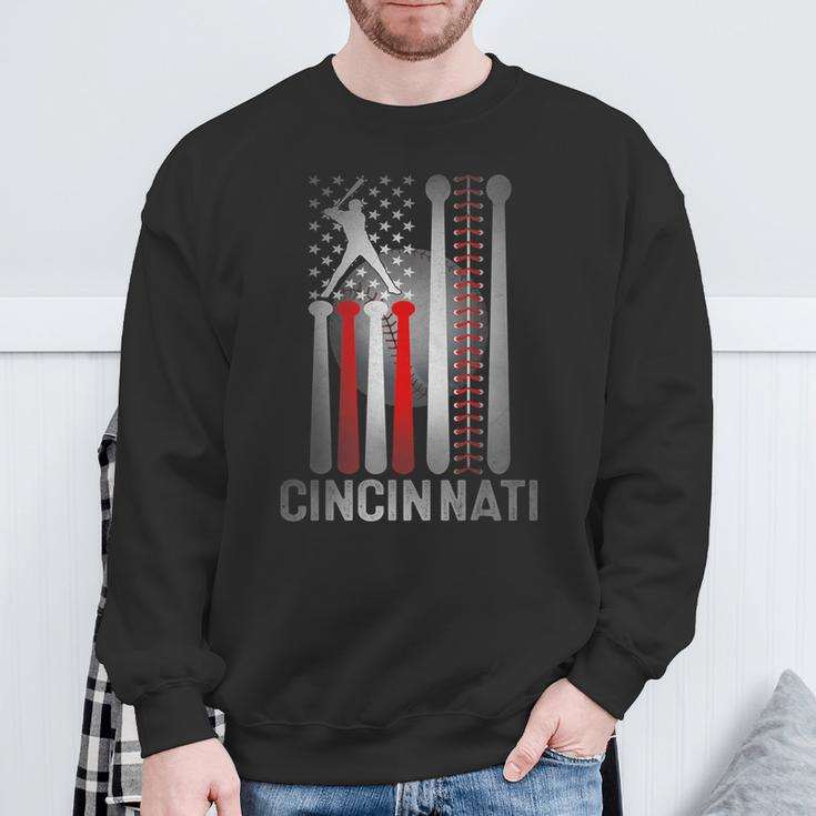 Retro Cincinnati American Flag Distressed Baseball Fans Sweatshirt Gifts for Old Men