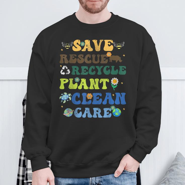 Retro Earth Day Save Bees Rescue Animals Recycle Plastics Sweatshirt Gifts for Old Men
