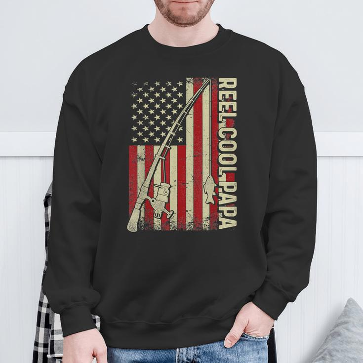 Retro Reel Cool Papa American Flag Fishing Fathers Day Dad Sweatshirt Gifts for Old Men