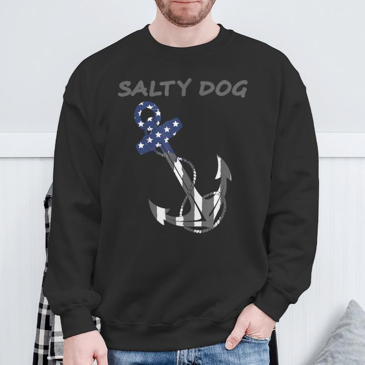 Salty Dog Blue And Grey American Flag Anchor Sweatshirt Gifts for Old Men