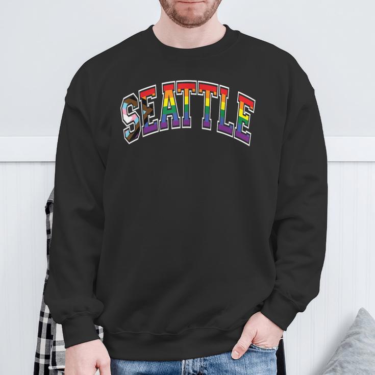 Seattle Arched Style Text Progress Pride Pattern Sweatshirt Gifts for Old Men