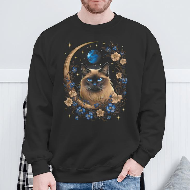 Siamese Cat Moon Surrounded By Flowers Sweatshirt Gifts for Old Men