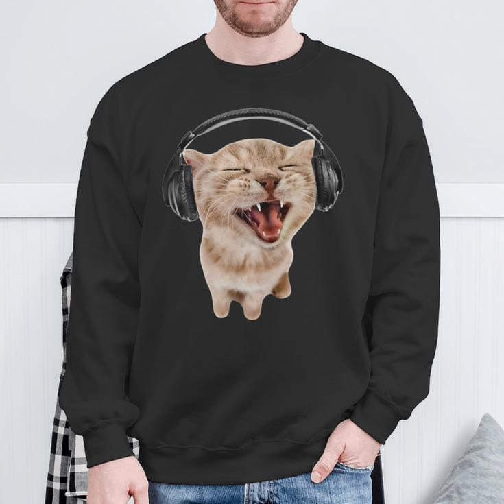 Silly Cat With Headphones Sweatshirt Gifts for Old Men