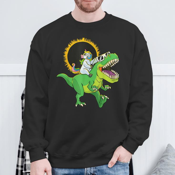 Solar Eclipse 2024 Unicorn Riding T-Rex Dinosaur Boys Sweatshirt Gifts for Old Men