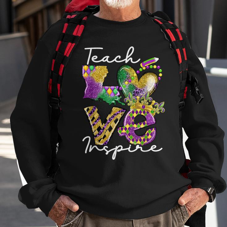Teacher Mardi Gras Teach Love Inspire Carnival Beads Leopard Sweatshirt Gifts for Old Men