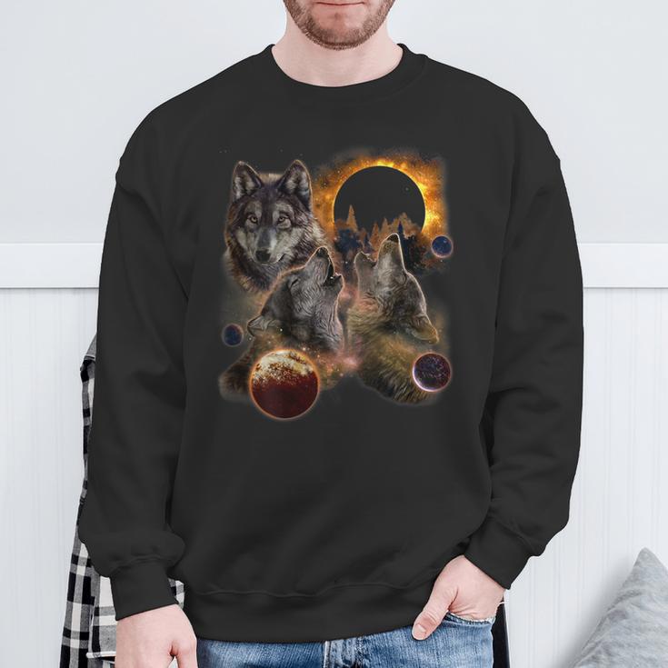 Three Wolf Solar Eclipse Moon Sweatshirt Gifts for Old Men