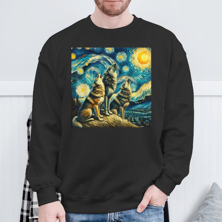 Three Wolves Howling At The Moon Starry Night Wolf Lover Sweatshirt Gifts for Old Men