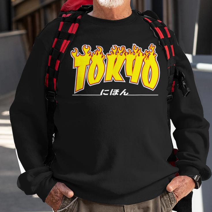 Tokyo Japan Trasher Yellow Orange And Black Flame Sweatshirt Gifts for Old Men