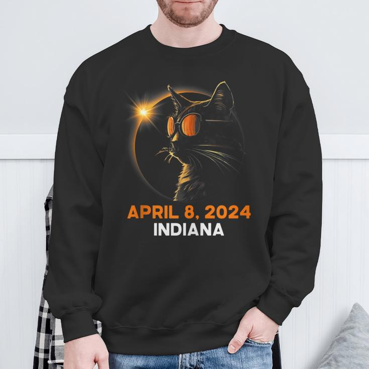 Total Solar Eclipse 2024 Indiana Cat Lover Wearing Glasses Sweatshirt Gifts for Old Men