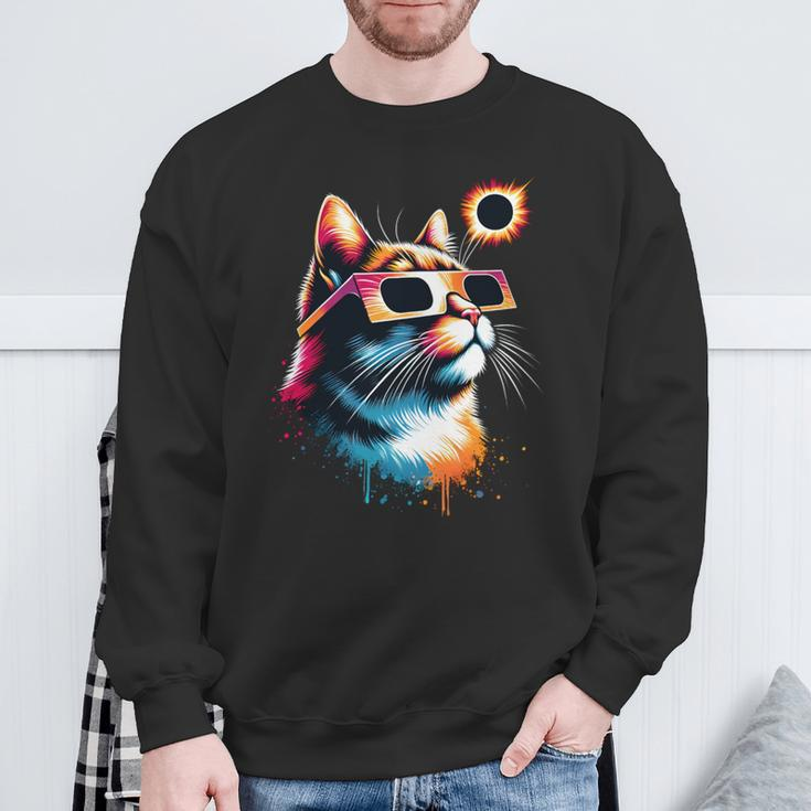 Total Solar Eclipse Cat 2024 Colorful With Eclipse Glasses Sweatshirt Gifts for Old Men
