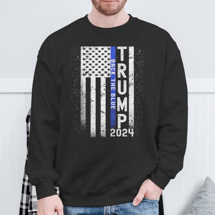 Trump 2024 Back The Blue American Flag Blue Line 4Th Of July Sweatshirt Gifts for Old Men