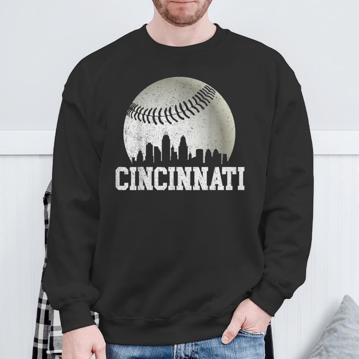 Vintage Cincinnati Skyline City Baseball Met At Gameday Sweatshirt Gifts for Old Men