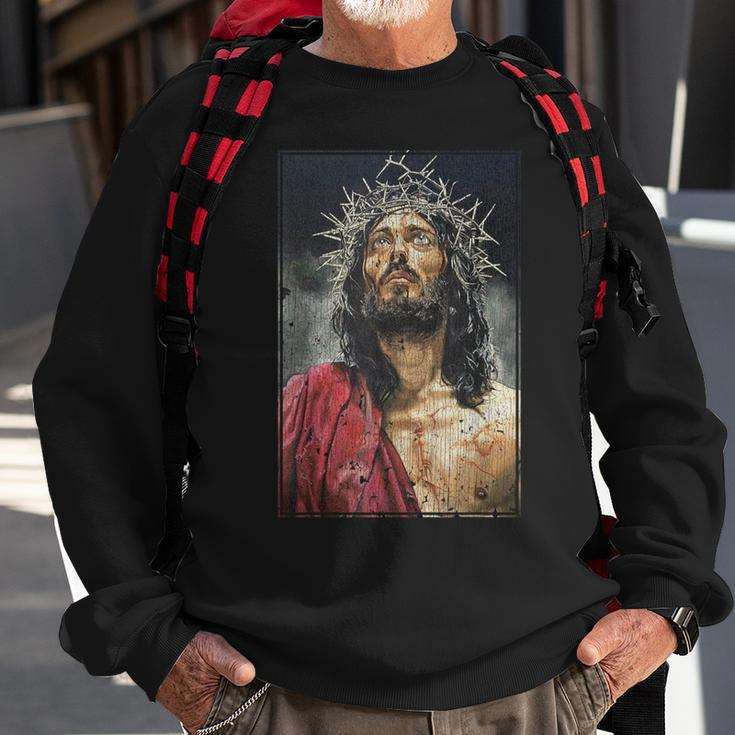 Vintage Face Of Jesus On A Cross With Crown Of Thorns Sweatshirt Gifts for Old Men