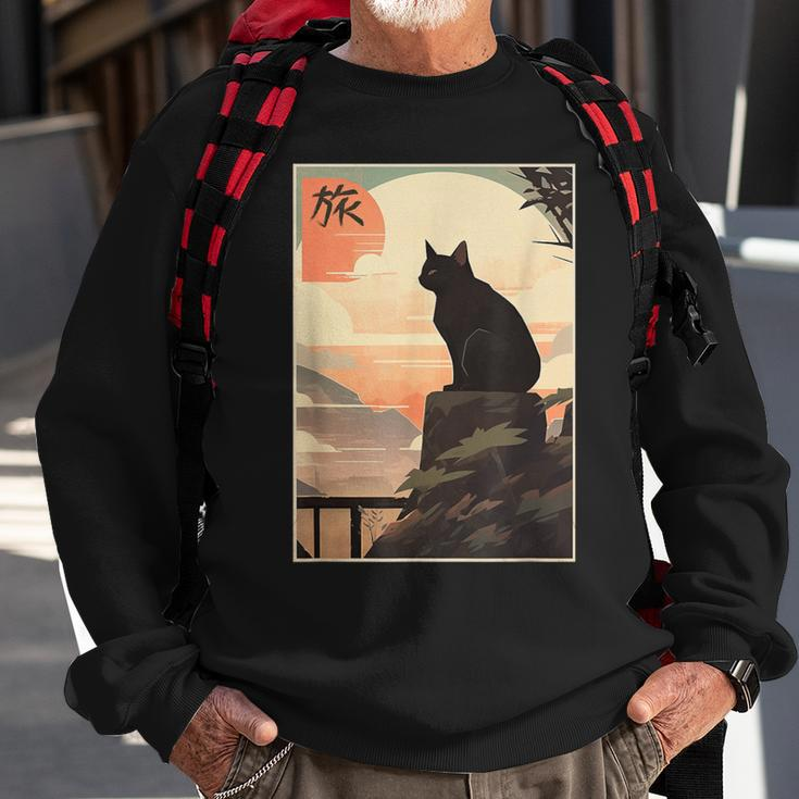 Vintage Japanese Scenery Kanji Writing Journey Black Cat Sweatshirt Gifts for Old Men
