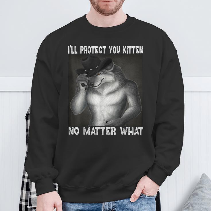 Werewolf Ripping Off Alpha Wolf Meme I'll Protect You Kitten Sweatshirt Gifts for Old Men