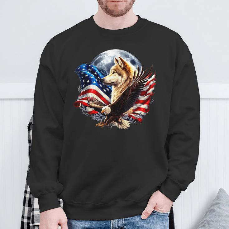 Wolf Bald Eagle American Flag Full Moon New Years Wolf Lover Sweatshirt Gifts for Old Men