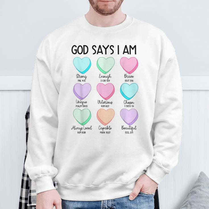 Christian Bible Verse God Says I Am Candy Heart Valentines Sweatshirt Gifts for Old Men