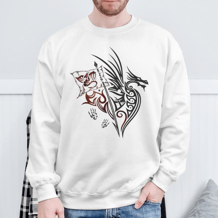 Fire Dragon With Wings Footprints And Flag Fantasy Sweatshirt Gifts for Old Men