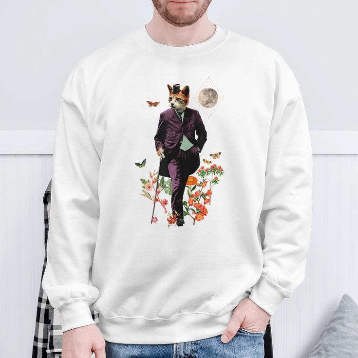 Cat With Flowers And Walking Stick And Moon Sweatshirt Gifts for Old Men