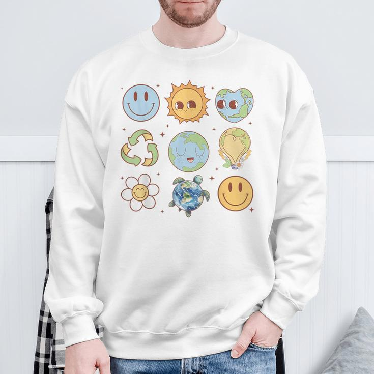 Groovy Earth Planet Hippie Smile Face Happy Earth Day 2024 Sweatshirt Gifts for Old Men