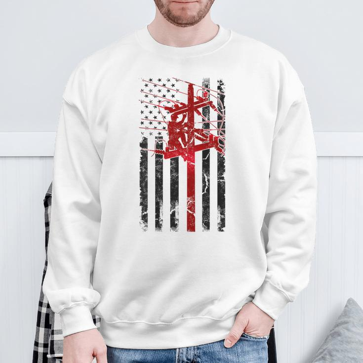 Lineman American Flag Electric Cable Lineworker Sweatshirt Gifts for Old Men