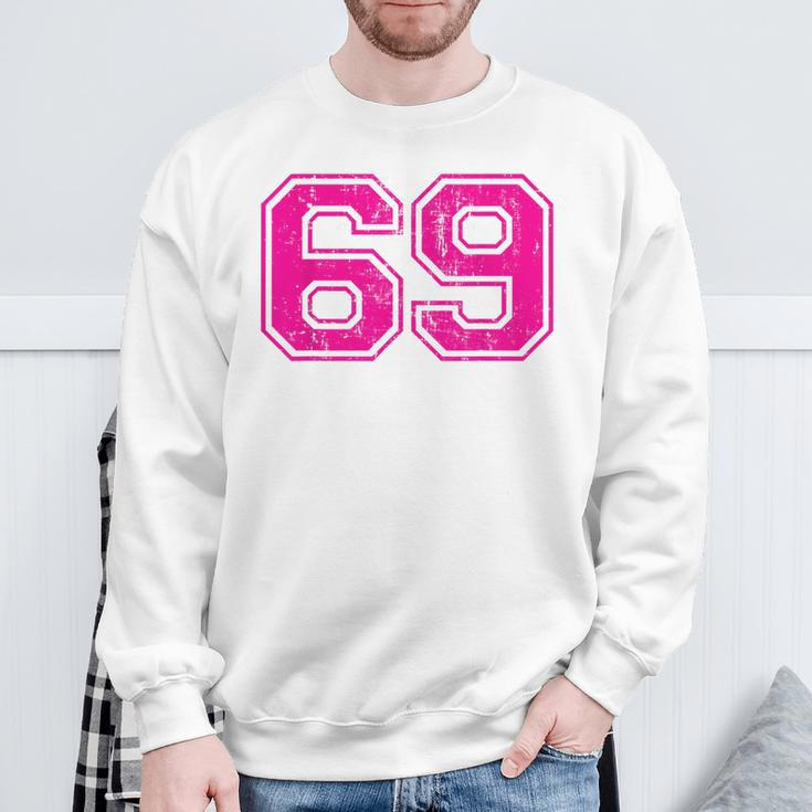 Number 69 Varsity Distressed Vintage Sport Team Player's Sweatshirt Gifts for Old Men
