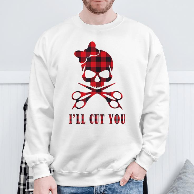 Red Plaid I'll Cut You Hair Stylist Skull Sweatshirt Gifts for Old Men