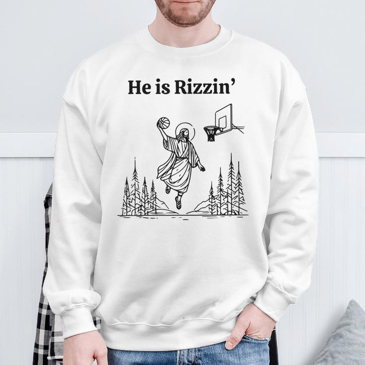 He Is Risen Easter Jesus Playing Basketball He Is Rizzin Sweatshirt Gifts for Old Men