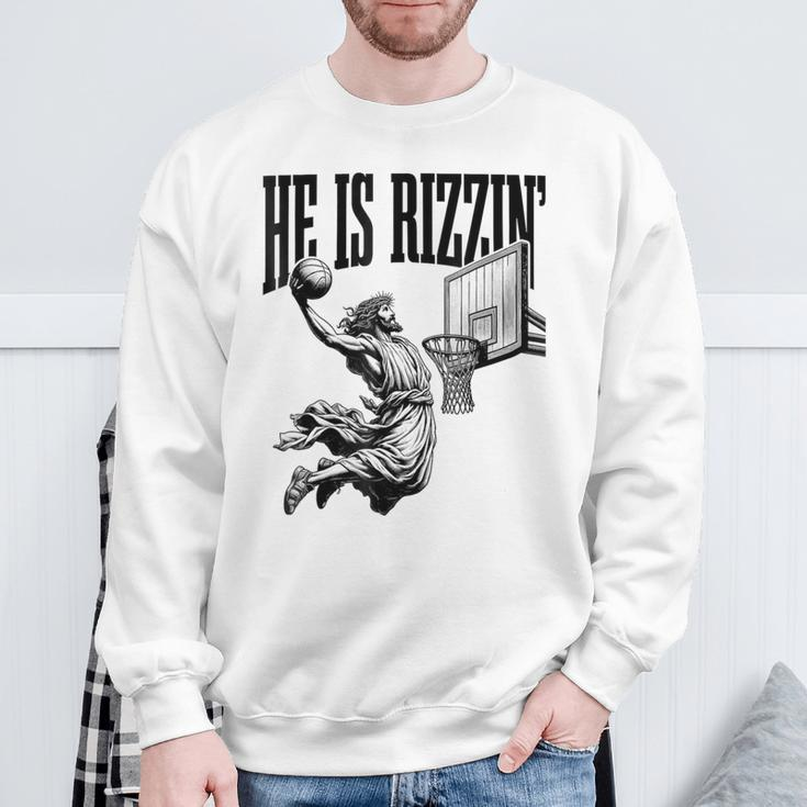 He Is Rizzin Basketball Jesus Retro Easter Christian Sweatshirt Gifts for Old Men