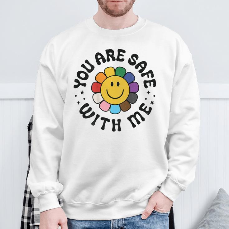 You Are Safe With Me Lgbtq Pride Ally Smile Face Back Sweatshirt Gifts for Old Men