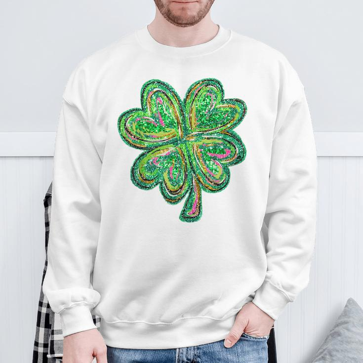 Shamrock Sequin Effect St Patrick's Day Four Leaf Clover Sweatshirt Gifts for Old Men