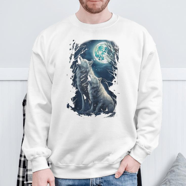 White Wolves Howling At Moon Vintage Wolf Lover Sweatshirt Gifts for Old Men